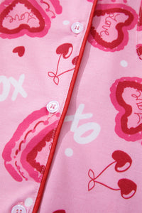 KaleaBoutique Stylish Sweet Heart Cake Print Contrast Ruffle Trim Valentines 2pcs Pajama Set - KaleaBoutique.com