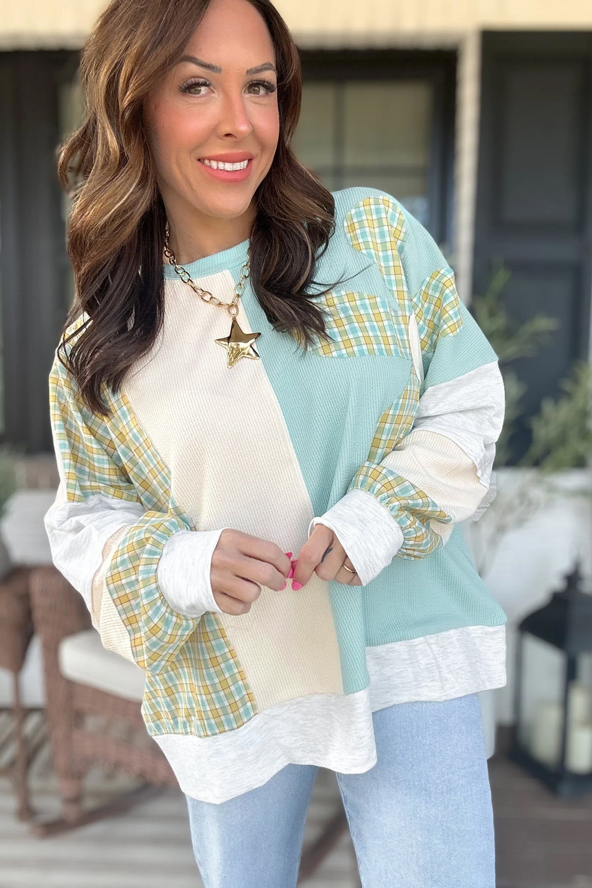 KaleaBoutique Plaid Patchwork Round Neck Long Sleeve Top - KaleaBoutique.com
