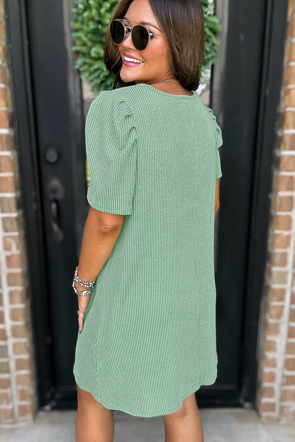 Corded Knit Crew Neck Puff Sleeve Shift Mini Dress - KaleaBoutique.com
