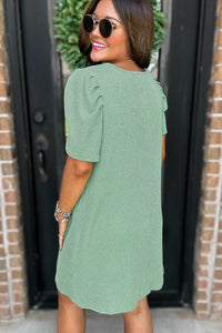 Corded Knit Crew Neck Puff Sleeve Shift Mini Dress - KaleaBoutique.com