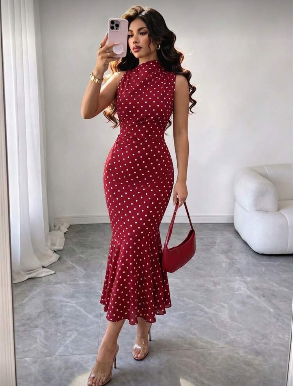 Women's Red Polka-Dot High-Neck Sleeveless Fishtail Dress - KaleaBoutique.com