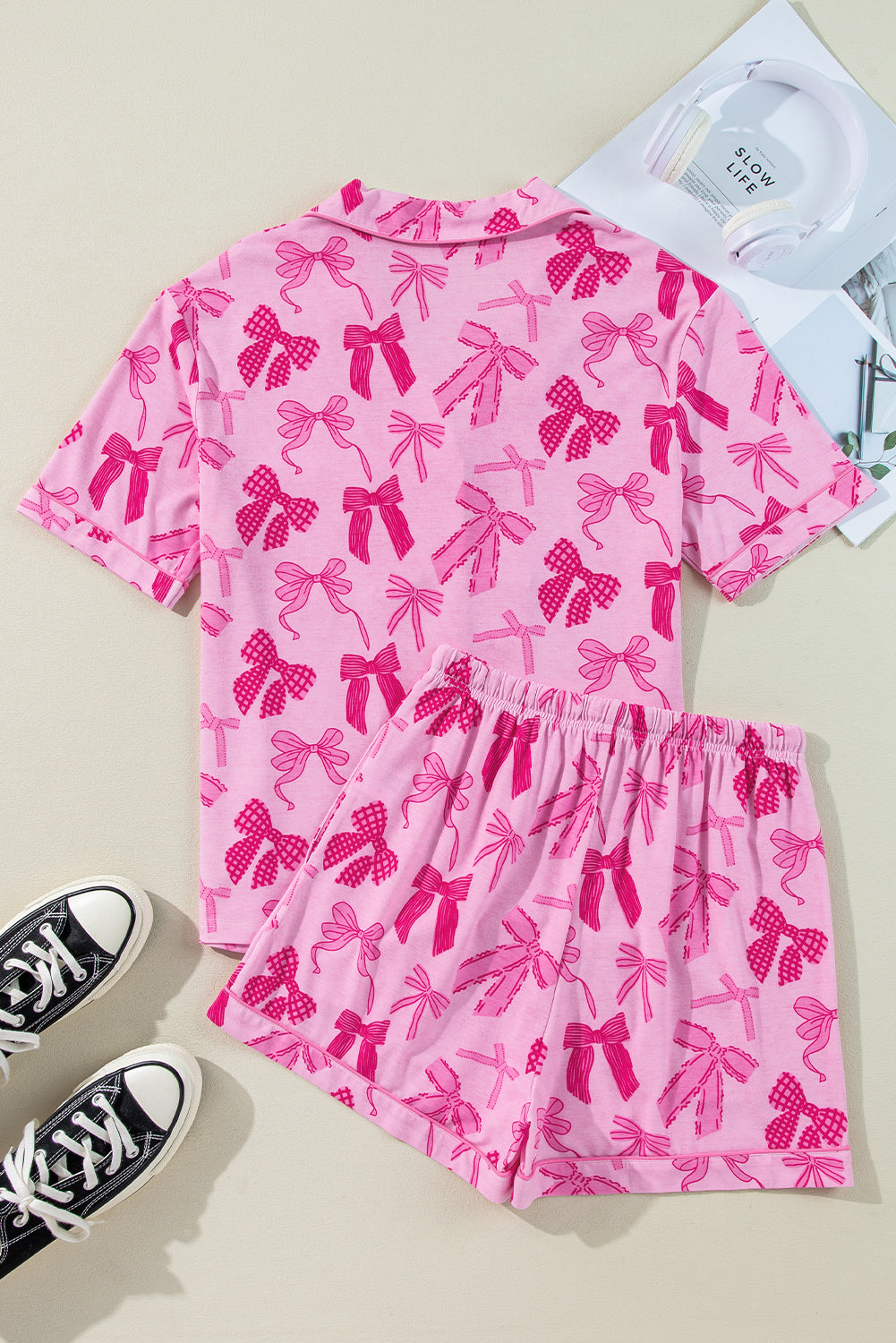 KaleaBoutique Stylish Bow Print Half Sleeve Shirt and Shorts Pajamas Set - KaleaBoutique.com
