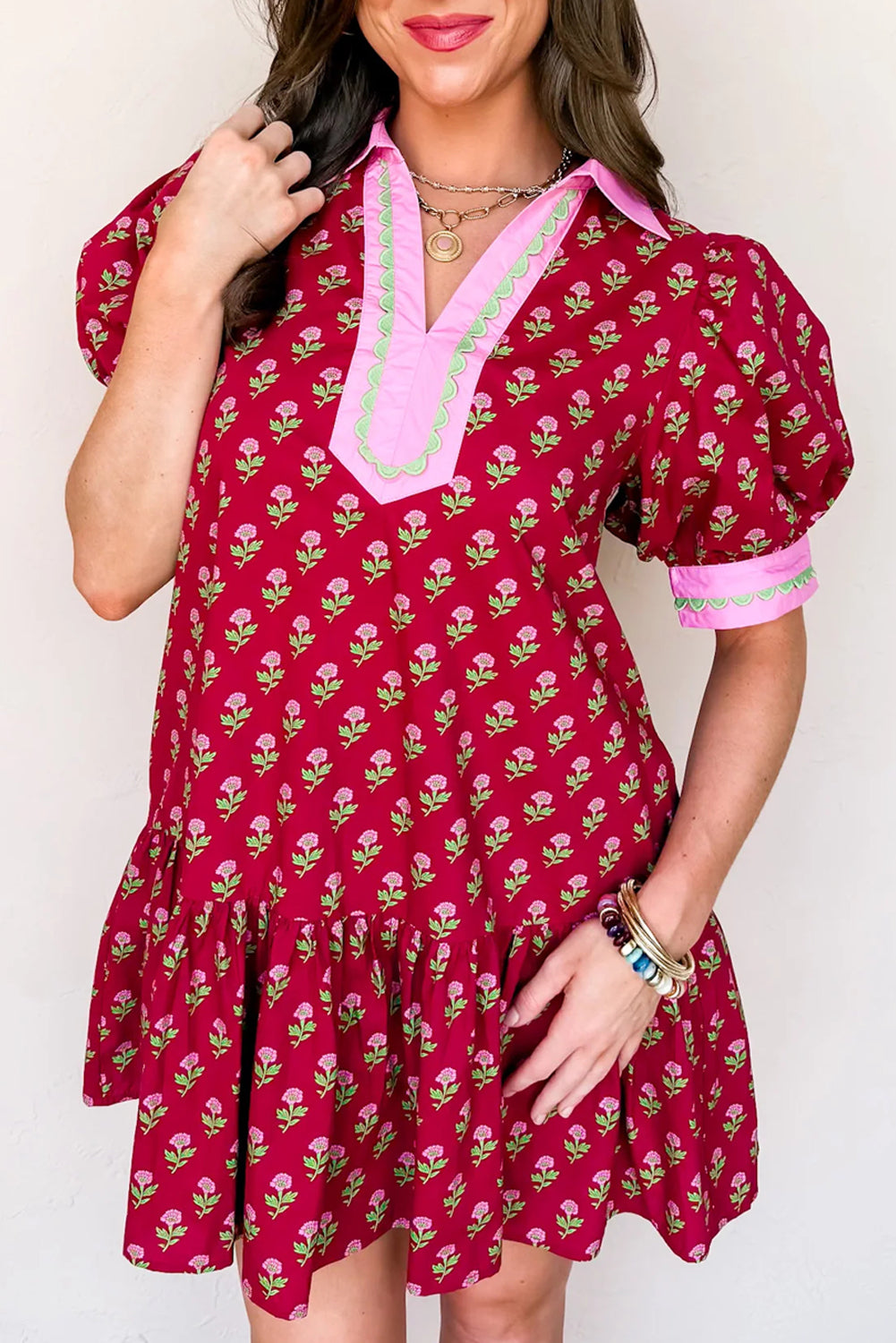 Floral Print Contrasted V Neck Short Bubble Sleeve Mini Dress - KaleaBoutique.com