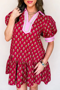 Floral Print Contrasted V Neck Short Bubble Sleeve Mini Dress - KaleaBoutique.com