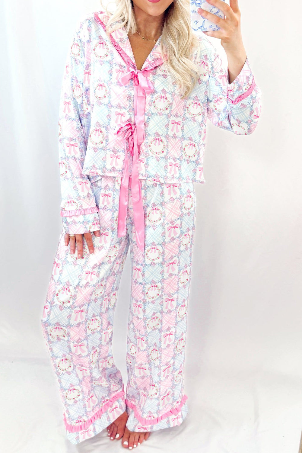 KaleaBoutique Stylish Bow Wreath Pattern Christmas Holiday Tied Front Long Sleeve 2pcs Pajama Set - KaleaBoutique.com