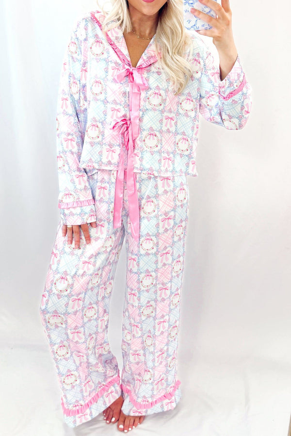 KaleaBoutique Stylish Bow Wreath Pattern Christmas Holiday Tied Front Long Sleeve 2pcs Pajama Set - KaleaBoutique.com