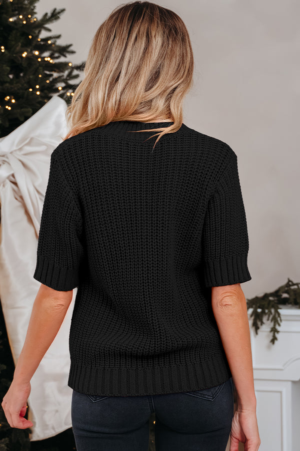 KaleaBoutique Comfortable Plaid Lace up Detail Christmas Holiday Puff Short Sleeve Sweater - KaleaBoutique.com