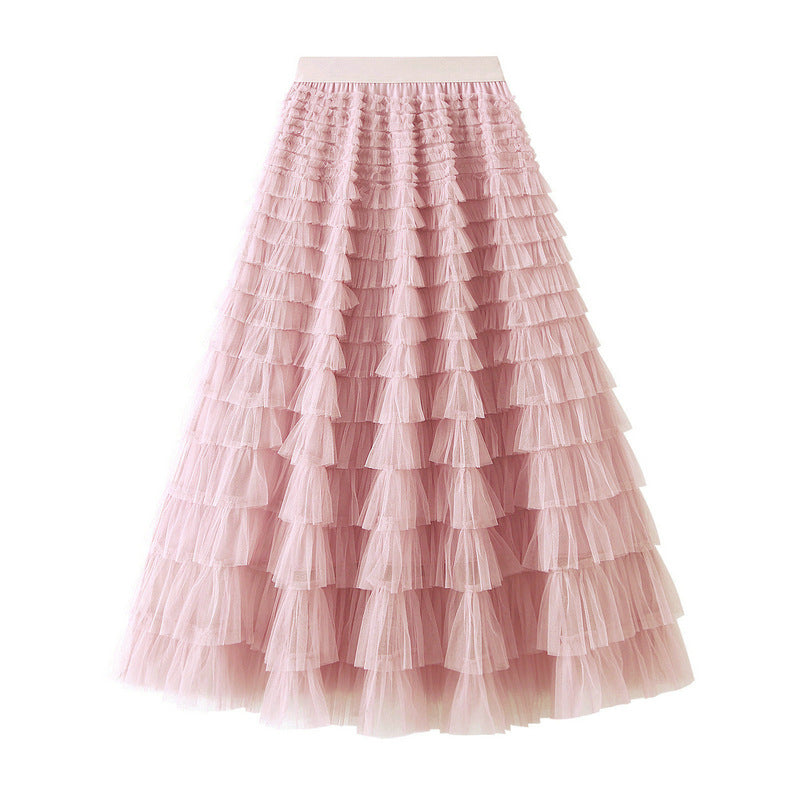A-Line Mesh Ruffle Skirt Women's Temperament Sweet Long Skirt Slim Cupcake Dress Womens Clothing - KaleaBoutique.com