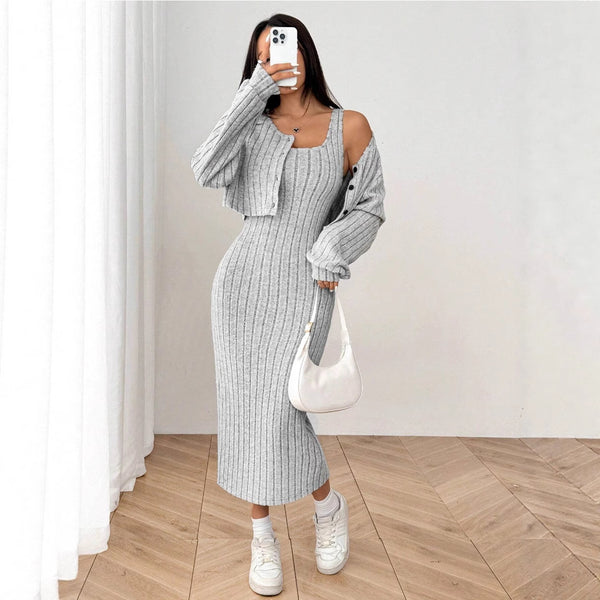 KaleaBoutique Rib-Knit Button-Front Jacket and Bodycon Dress Set - KaleaBoutique.com