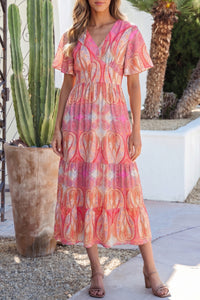 KaleaBoutique Comfortable Paisley Print V-Neck Short Sleeve Boho Maxi Dress with Ruffle Details - KaleaBoutique.com