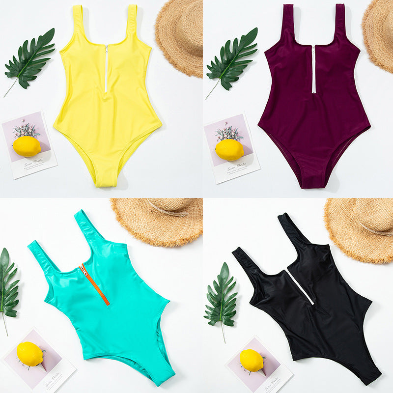 Women Scoop-Neck Zip-Front High Cut One-Piece Swimsuit - KaleaBoutique.com