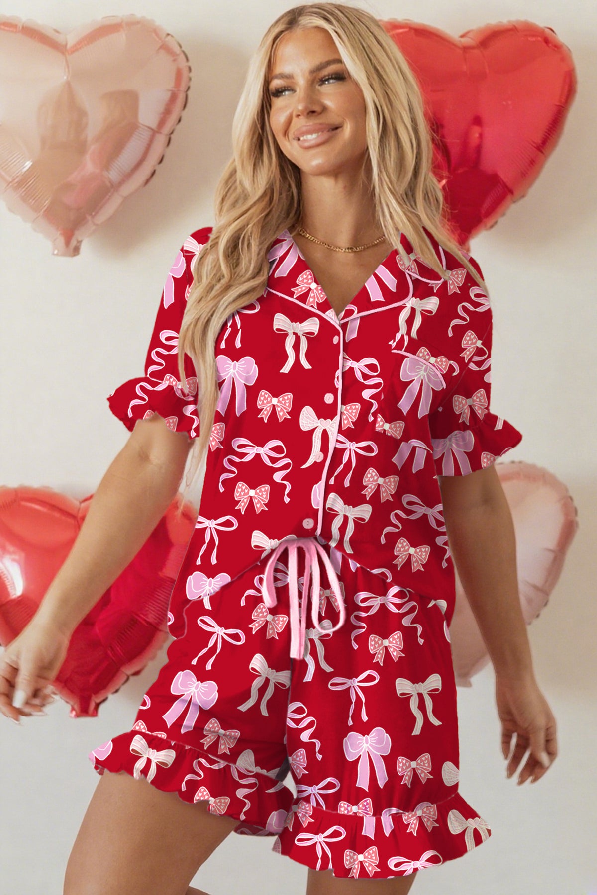 KaleaBoutique Stylish Sweet Bow Print Ruffled Short Sleeve Shirt Shorts 2pcs Pajama Set - KaleaBoutique.com