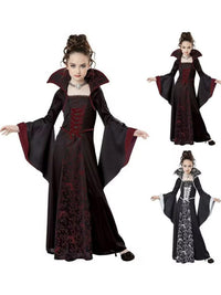 Children's Halloween Costume Witch Retro Lace Up Stand-up Collar Flared Sleeves Printed Maxi Dress - KaleaBoutique.com