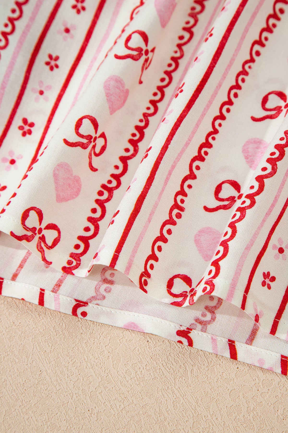KaleaBoutique Stylish Sweet Floral Heart Bow Print Contrast Trim Long Sleeve Shirt Pajama Short Set - KaleaBoutique.com