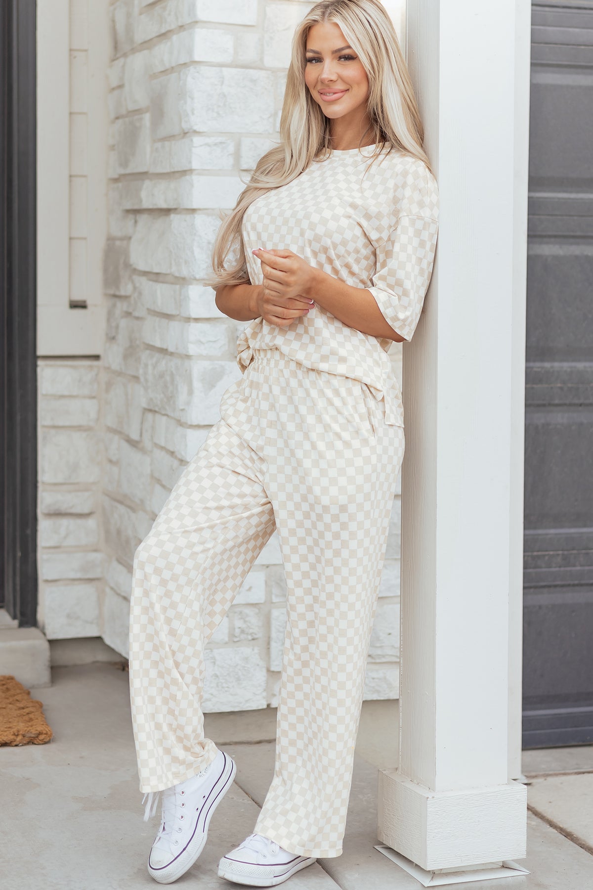 KaleaBoutique Comfortable Checkered Print Half Sleeve Tee 2pcs Lounge Pant Set - KaleaBoutique.com