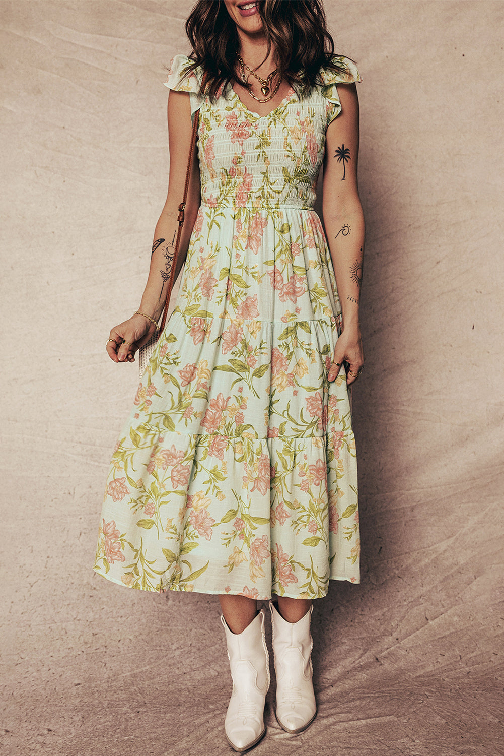 Smocked Bodice Ruffled Sleeveless Tiered Floral Maxi Dress - KaleaBoutique.com