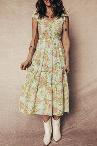 Smocked Bodice Ruffled Sleeveless Tiered Floral Maxi Dress - KaleaBoutique.com