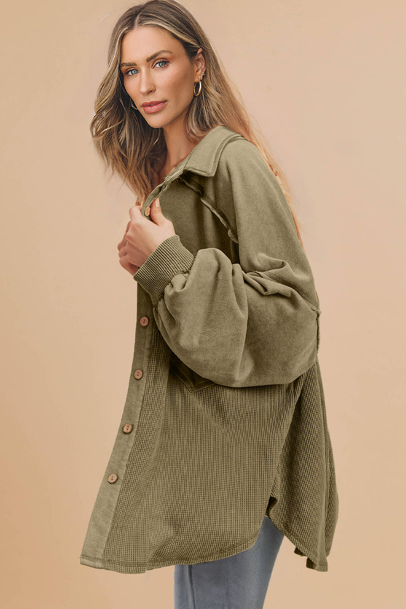 KaleaBoutique Waffle Knit Patchwork Buttoned Oversized Shacket - KaleaBoutique.com