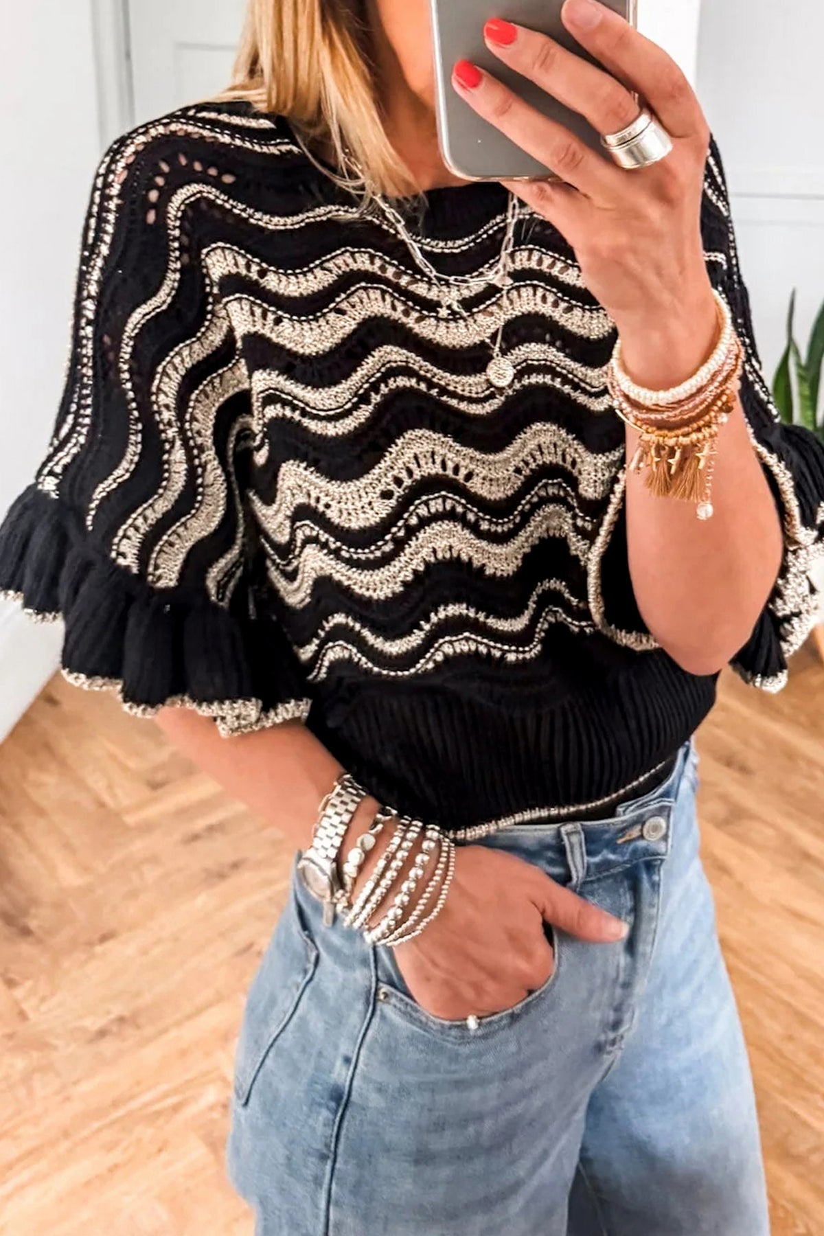 KaleaBoutique Stylish Wavy Crochet Eyelet Detail Ruffle Half Sleeve Sweater - KaleaBoutique.com