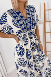 KaleaBoutique Comfortable Boho Floral Print Contrast Patchwork V Neck Dolman Maxi Dress - KaleaBoutique.com