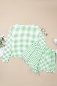 KaleaBoutique Stylish Gingham Long Sleeve Loose Top Drawstring Shorts 2pcs Lounge Set - KaleaBoutique.com