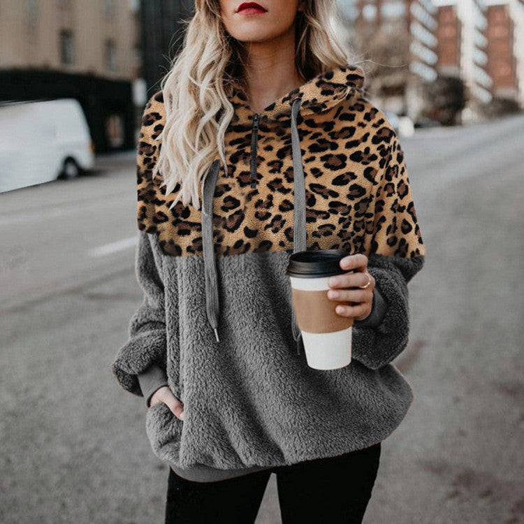 Women's Leopard-Print Colorblock Plush Pullover Hoodie - KaleaBoutique.com