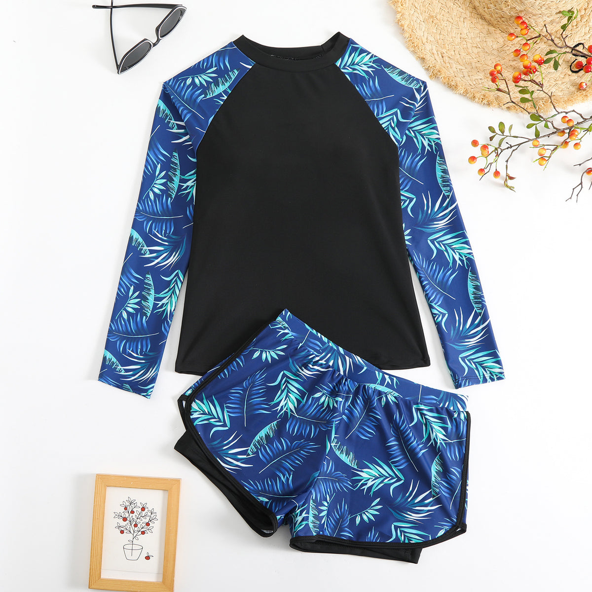 Women's Leaf-Print Long-Sleeve Tankini Set with Swim Shorts - KaleaBoutique.com