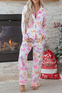 KaleaBoutique Stylish Striped Bow Print Contrast Piping Trim Shirt and Pants 2pcs Pajama Set - KaleaBoutique.com