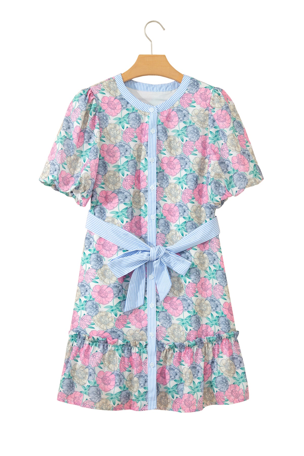 KaleaBoutique Stylish Floral Print Striped Contrast Trim Belted Short Dress - KaleaBoutique.com