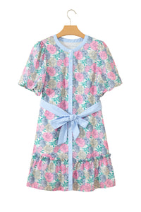 KaleaBoutique Stylish Floral Print Striped Contrast Trim Belted Short Dress - KaleaBoutique.com