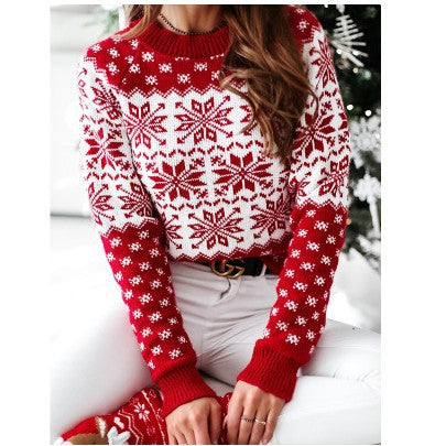 Women's Reindeer Snowflake and Heart Christmas Pullover Sweater - KaleaBoutique.com