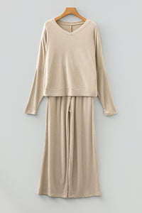KaleaBoutique Comfortable 3D Ribbed V Neck Pullover Drawstring Pants 2 Piece Lounge Set - KaleaBoutique.com