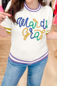 KaleaBoutique Comfortable Mardi Gras Tinsel Letter Graphic Short Sleeve Sweater - KaleaBoutique.com