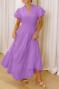 KaleaBoutique Stylish Solid Color V Neck Short Puff Sleeve High Waist Tiered Maxi Dress - KaleaBoutique.com