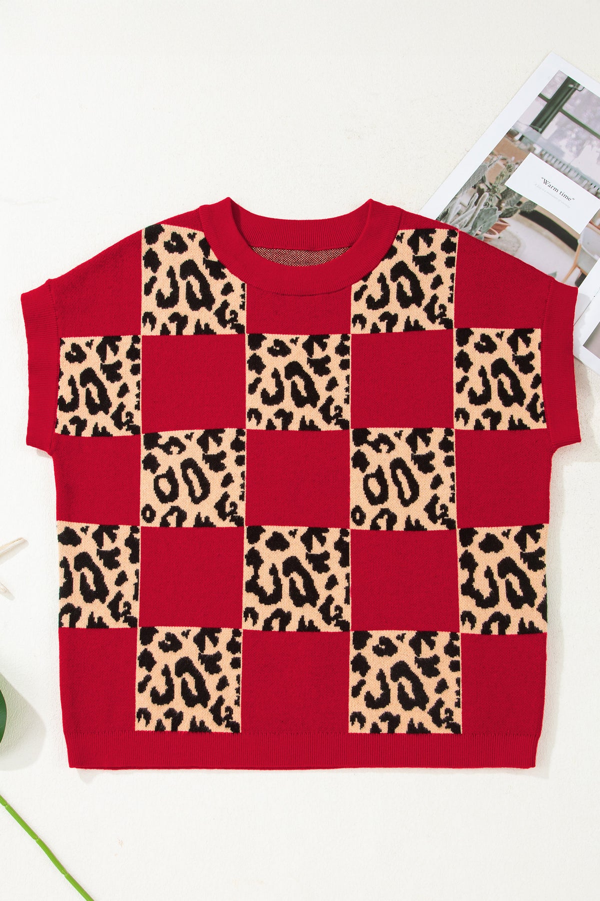 KaleaBoutique Stylish Leopard Checkerboard Short Sleeve Knit Sweater - KaleaBoutique.com