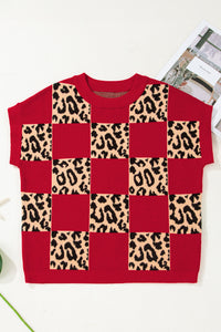 KaleaBoutique Stylish Leopard Checkerboard Short Sleeve Knit Sweater - KaleaBoutique.com