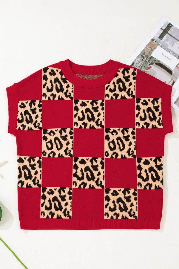 KaleaBoutique Stylish Leopard Checkerboard Short Sleeve Knit Sweater - KaleaBoutique.com