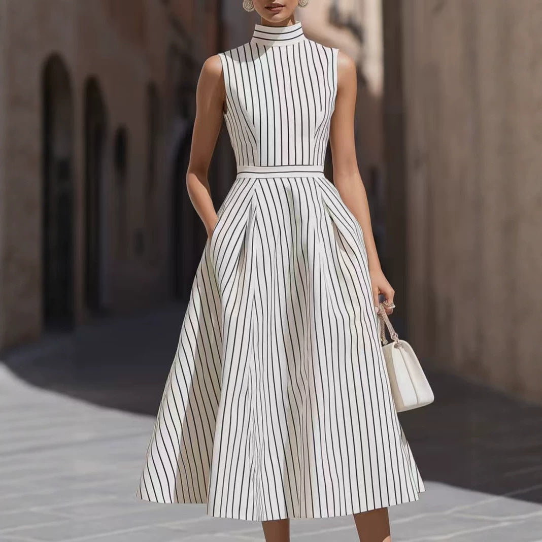 Women's Sleeveless High-Neck Striped Pleated Midi Dress with Pockets - KaleaBoutique.com