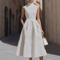 Women's Sleeveless High-Neck Striped Pleated Midi Dress with Pockets - KaleaBoutique.com