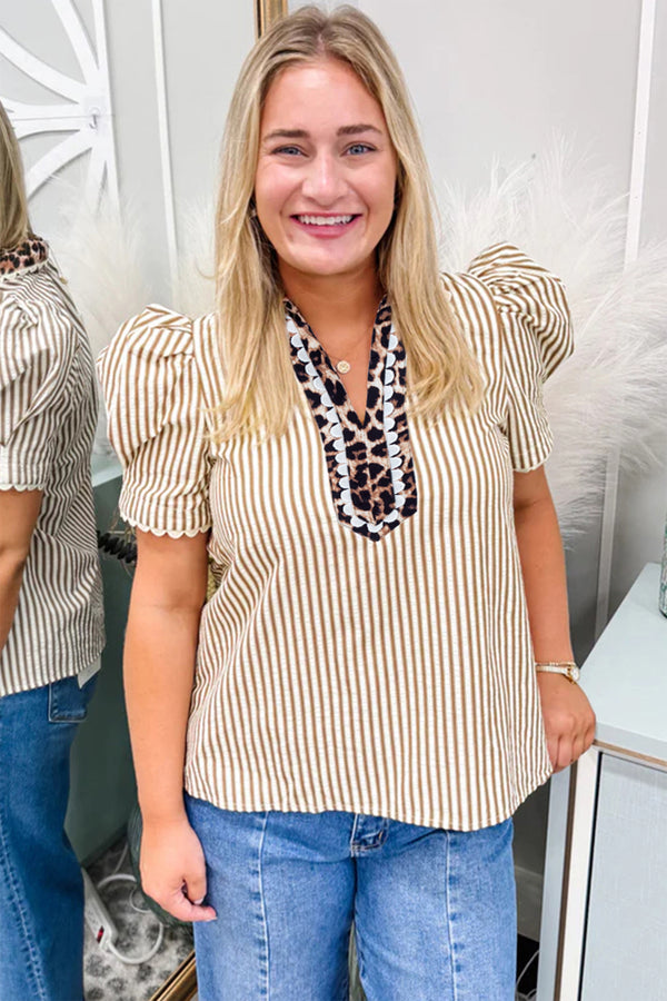 KaleaBoutique Stylish Ricrac Trim Short Puff Sleeve Leopard Patchwork Collar V Neck Blouse - KaleaBoutique.com