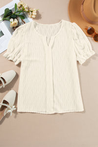 KaleaBoutique Chic Solid Color Textured Notched Neck Puff Sleeve Blouse - KaleaBoutique.com