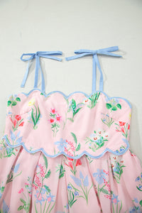 KaleaBoutique Stylish Floral Print Contrast Trim Self-tie Straps High Waist Midi Dress - KaleaBoutique.com