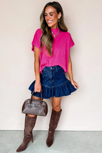 KaleaBoutique Comfortable Solid Color Ribbed Knit Mock Neck Loose Short Sleeve Sweater - KaleaBoutique.com