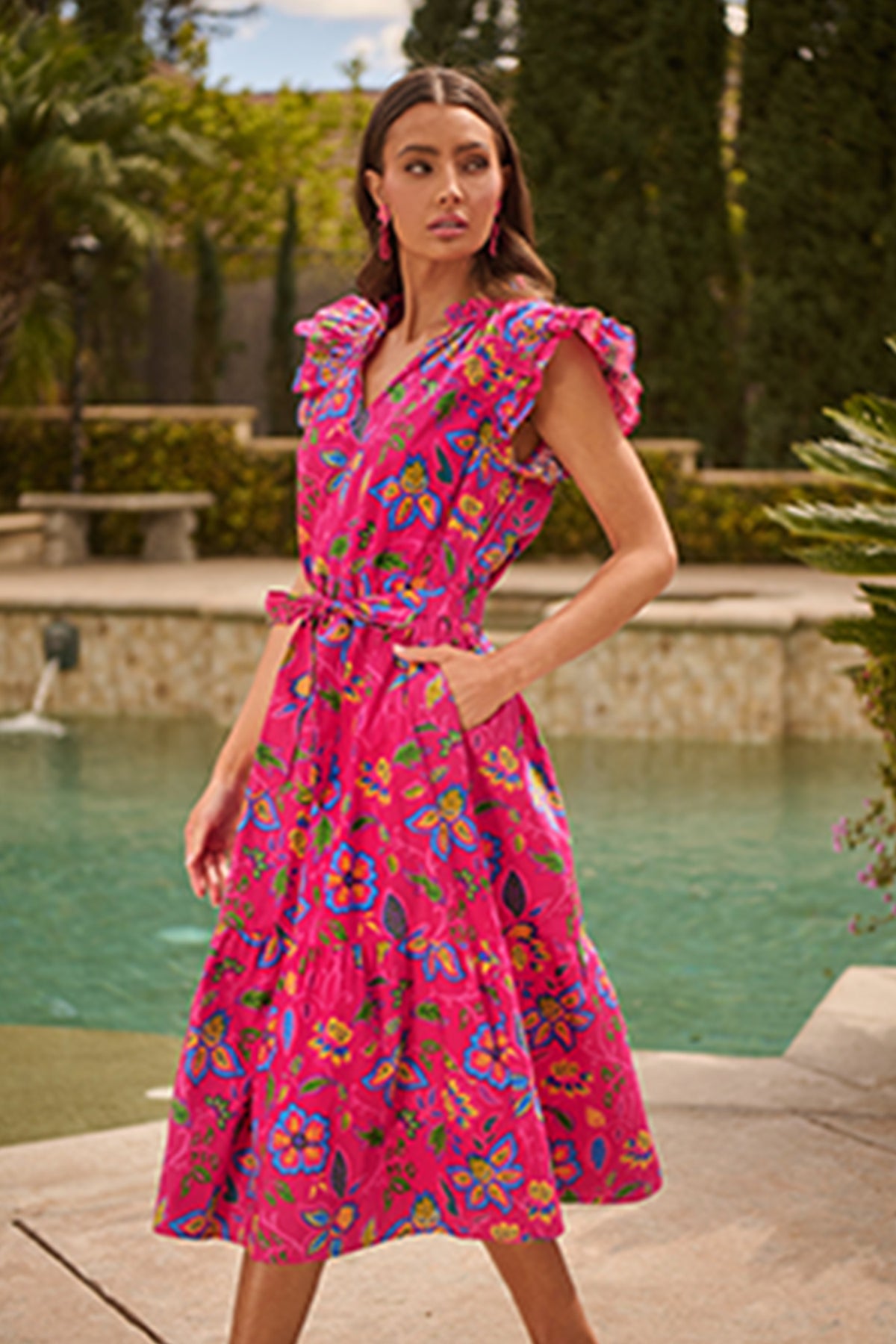 KaleaBoutique Stylish Flutter Sleeve Belted Floral Long Dress - KaleaBoutique.com