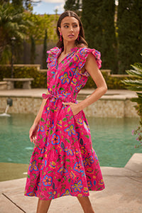 KaleaBoutique Stylish Flutter Sleeve Belted Floral Long Dress - KaleaBoutique.com
