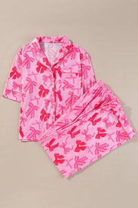 KaleaBoutique Stylish Bow Knot Print Lapel Collar Short Sleeve and Pants Pajamas Set - KaleaBoutique.com