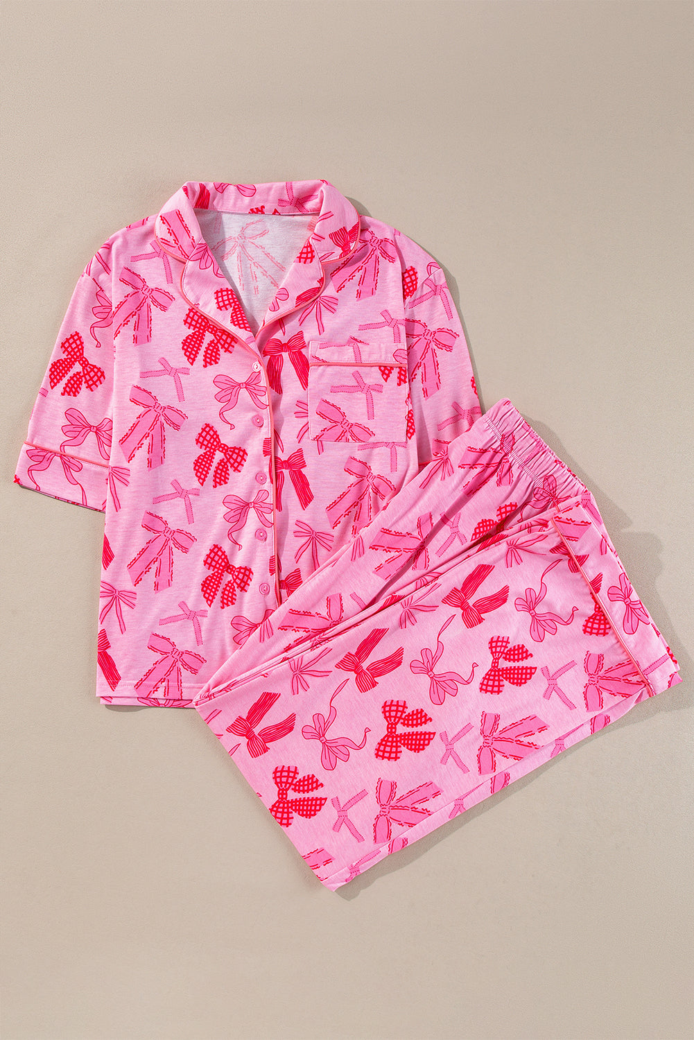 KaleaBoutique Comfortable Bow Knot Print Lapel Collar Short Sleeve and Pants Pajamas Set - KaleaBoutique.com