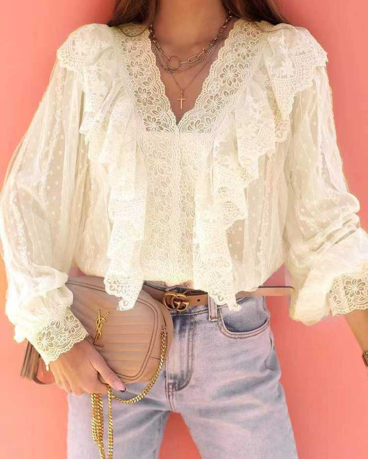 Women's Lace V-neck Patchwork Ruffled Shirt - KaleaBoutique.com