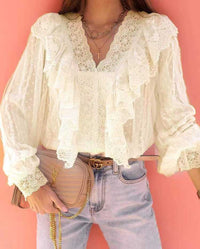 Women's Lace V-neck Patchwork Ruffled Shirt - KaleaBoutique.com
