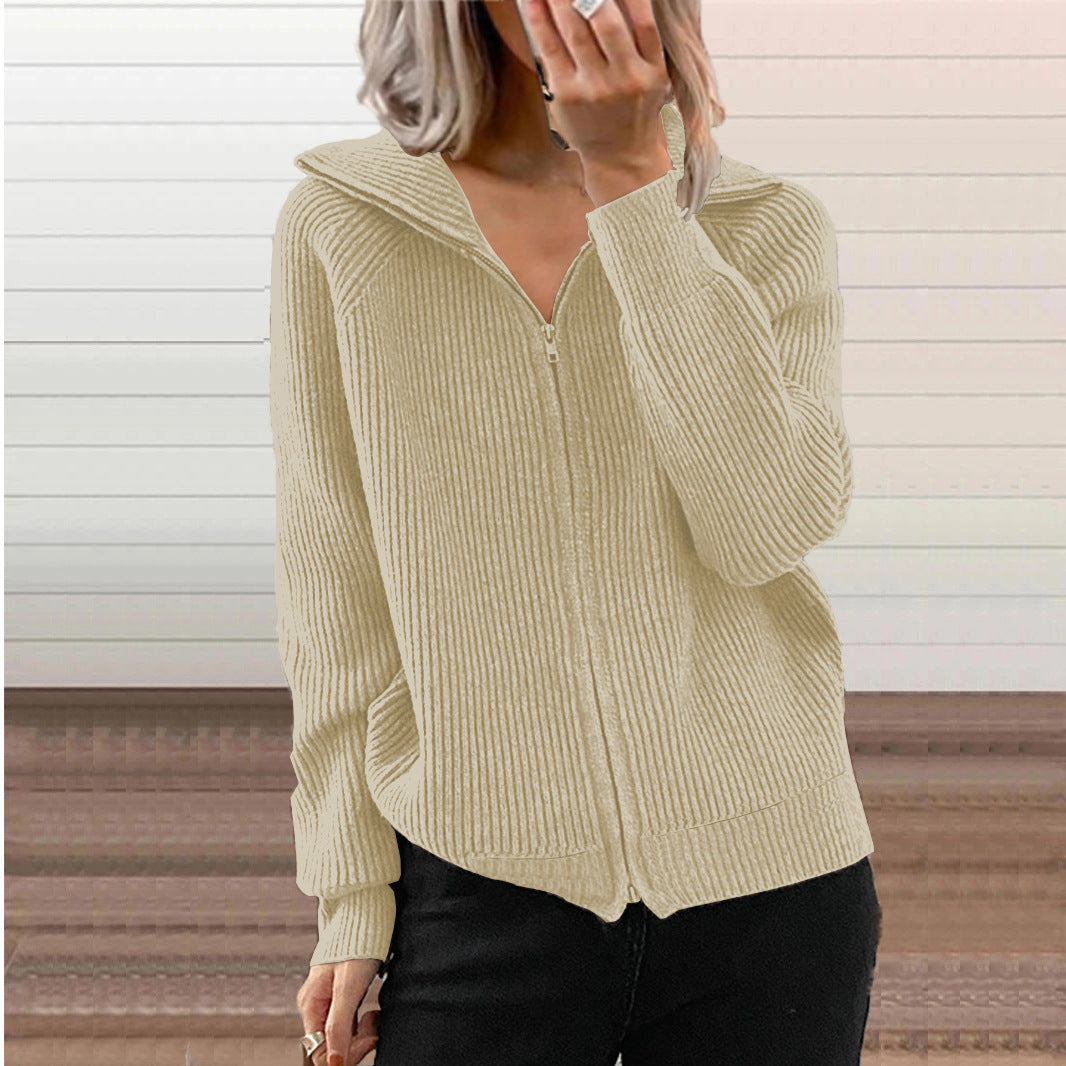Women's Ribbed Full-Zip Collared Cardigan - KaleaBoutique.com